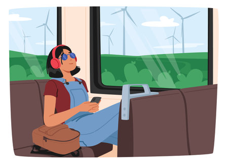 Young Woman Listening To Music With Headphones While Riding The Train. She Appears Lost In Her Own Worldのイラスト素材