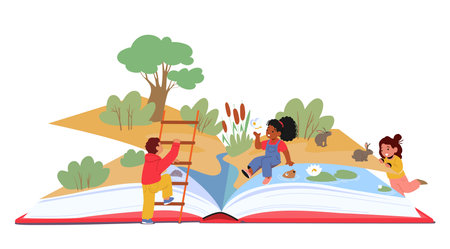 Kids Immersed In A Book Of A Vast, Imaginative World. They Explore The Pages And Let Their Minds Run Wild, Wonderのイラスト素材