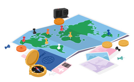 Map Surrounded By Various Travel Essentials Such As A Camera, Passport, Compass, And Coins. Wanderlust Conceptのイラスト素材