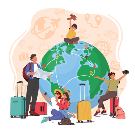 Group Of Travelers Is Depicted Around An Earth Globe With Various Travel Items. Image Promoting Travel Agenciesのイラスト素材