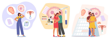 Set Couples Deep In Thought About Artificial Insemination, A Process Of Introducing Sperm Into A Womans Uterusのイラスト素材