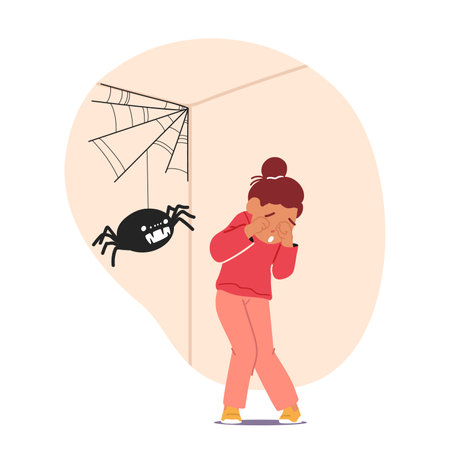 Child Character Experiences Arachnophobia, Displaying An Irrational And Intense Fear Of Spiders, Cartoon Illustrationのイラスト素材