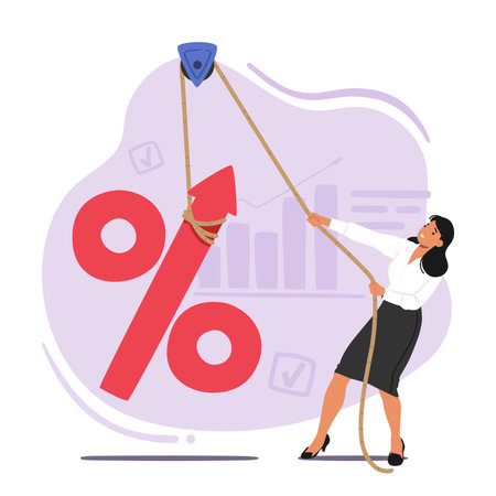 Business Woman Character Rising Up Huge Percent Sign on Rope,Symbolizing Concept Of Interest Rate Hike, Illustrationのイラスト素材