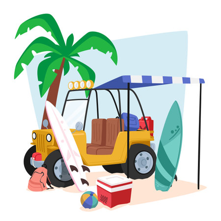 Car Parked On The Sandy Beach With Vacation Gear Such As Surf Board, Cooler, Balls, Rucksack Cartoon Vector Illustrationのイラスト素材