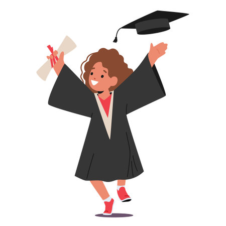 Happy Kid Character Dressed In A Graduation Gown And Cap, Receives Degree With A Beaming Smile Isolated On Whiteのイラスト素材