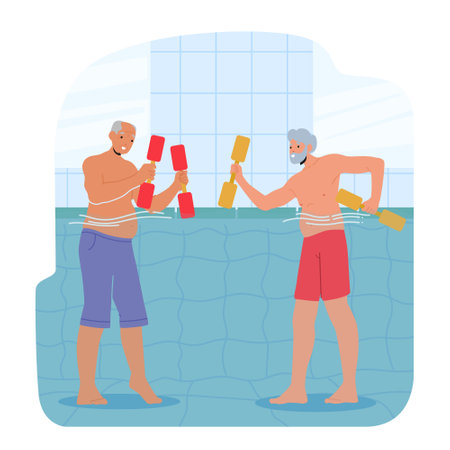 Senior Characters Joyfully Exercise In Refreshing Water During An Aqua Aerobics Class, Reaping The Benefits Of Exercisesのイラスト素材