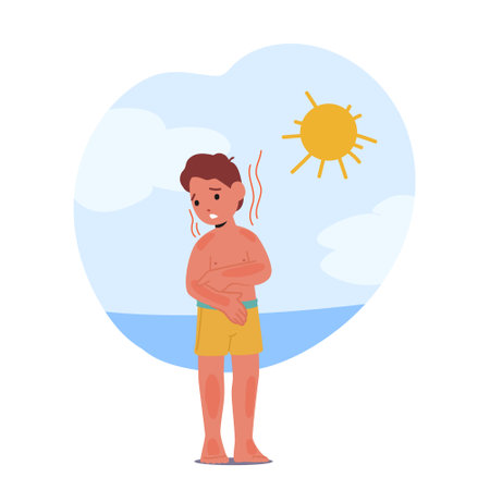 Unhappy Child With Painful Skin Sunburn, Little Boy Character Displaying Redness, Peeling, And Discomfort, Illustrationのイラスト素材