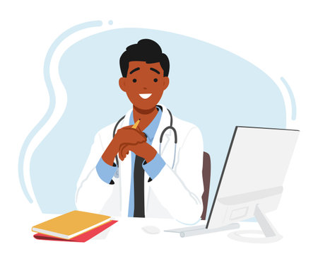 Young Doctor Male Character Sitting At Desk With Laptop Displaying Smile Indicating Satisfaction Or Pride In Workのイラスト素材