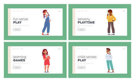 Kids Representing Human Sensitive Organs Landing Page Template Set. Cute Little Children Show Five Senses Flash Cardsのイラスト素材