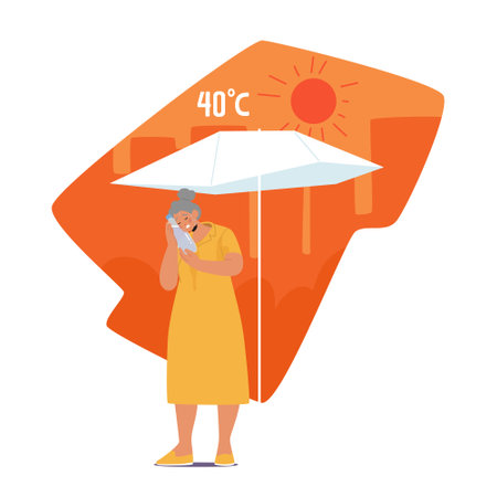 Senior Woman Character Experiencing Heat Discomfort, Feeling Warm And Sweaty, Cooling Herself with Water Bottleのイラスト素材