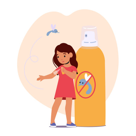 Little Girl Use Repellent For Mosquitoes Protection Made Of Natural Ingredients, Designed To Prevent Insect Bitesのイラスト素材