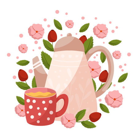 Rose Hip Tea Is Made From The Dried Fruit Of The Rose Plant. It Has A Tart, Fruity Flavor And Is High In Vitamin Cのイラスト素材