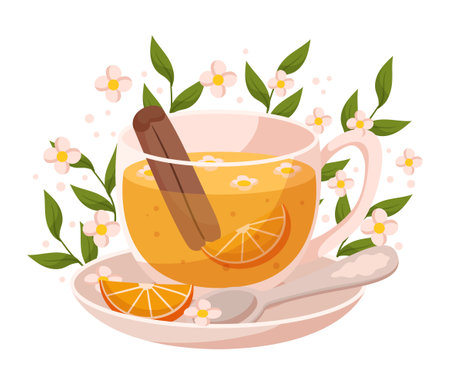 Orange And Cinnamon Tea In Cup. Delicious And Fragrant Beverage That Combines Flavors Of Citrus And Cinnamonのイラスト素材