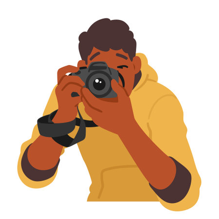 Young Man Character Captures Moments With Camera, Documenting His Travels And Experiences, Vector Illustrationのイラスト素材
