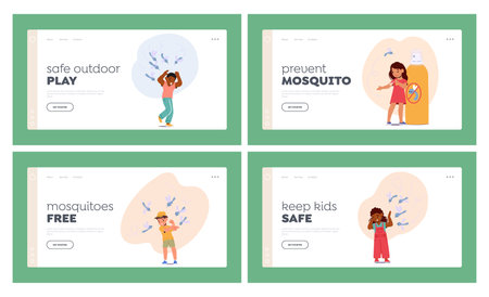 Kids Health Care Protection Landing Page Template Set. Children Suffer from Mosquito Bites, Little Boys and Girlsのイラスト素材
