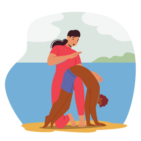 Rescuer Female Character Provides Service For Drowning Man that Involves Skilled Personnel Trained In Water Safetyのイラスト素材