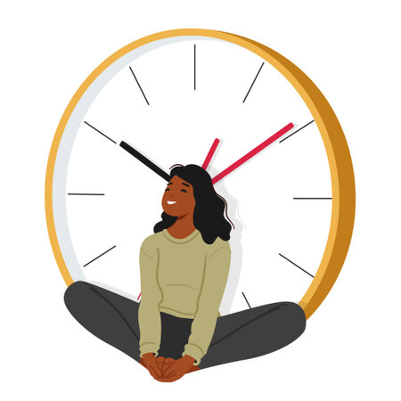 Smiling Woman Seated Beside Oversized Watches, Appears Joyful And Content, With A Gleaming Expressionのイラスト素材