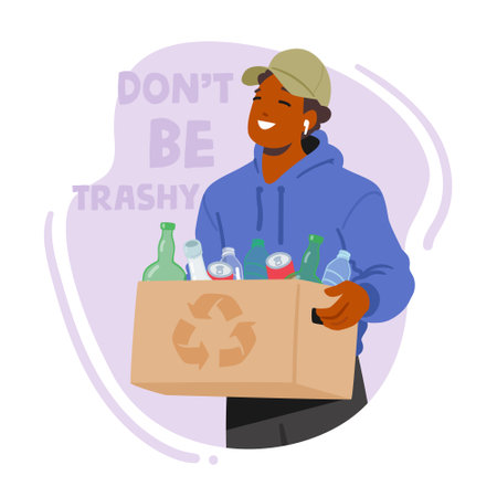 Male Character Carry Box With Bottles For Recycling. Man Sorting Trash Into Recycling Bins Separating Wasteのイラスト素材