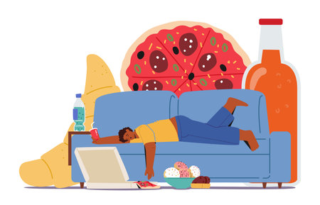 Obese Male Character Fall Asleep After Eating Much Fast Food. His Stomach Bloated And Body Lethargicのイラスト素材