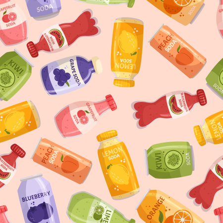 Seamless Pattern With Lemonade Bottles Is A Vibrant Design, Tile Background Featuring Various Sizes And Shapesのイラスト素材