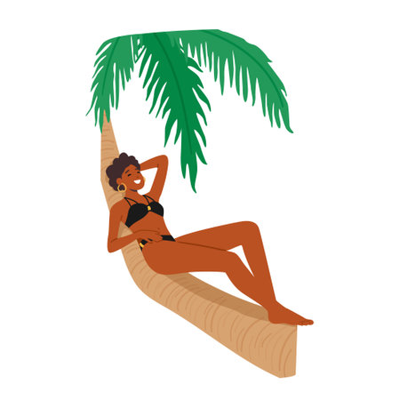 Woman Lounges On Palm Tree, Enjoying Tropical Scenery. She Basks In The Suns Warmth, Listening To Sound Of The Oceanのイラスト素材