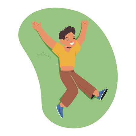 Boy Resting On Lush Green Meadow View From Above. Serene And Peaceful, Surrounded By Natures Beautyのイラスト素材