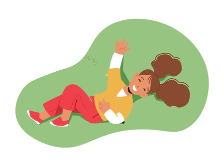 Little Girl Character Lying On Green Meadow, Surrounded By Nature, Enjoying Relax Top View, Feeling The Grass Beneathのイラスト素材