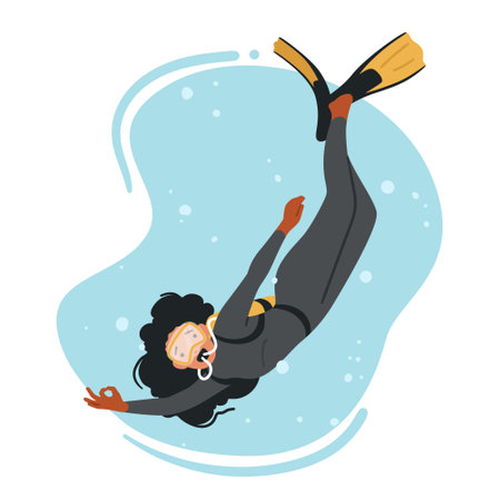 Experienced Diver Female Character Explore Underwater Wonders, Discovering Marine Life And Hidden Treasuresのイラスト素材