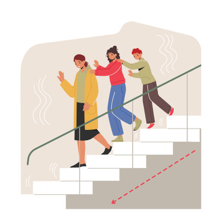 Frightened Characters Support And Cling To One Another As They Cautiously Descend The Stairs During Earthquakeのイラスト素材