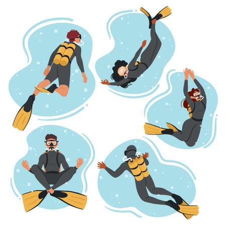 Skilled Underwater Explorers, Divers Character Navigate The Depths With Precision, Bravery, And Determinationのイラスト素材