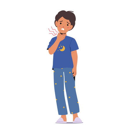 Sick Little Boy Character Feel Pain in Throat, Causing Discomfort And Potential Spread Of Germs and Bacteriaのイラスト素材