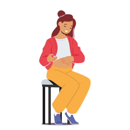 Woman Self-administers Insulin Injection Into Belly. Female Character Managing Diabetes With Personalized Careのイラスト素材
