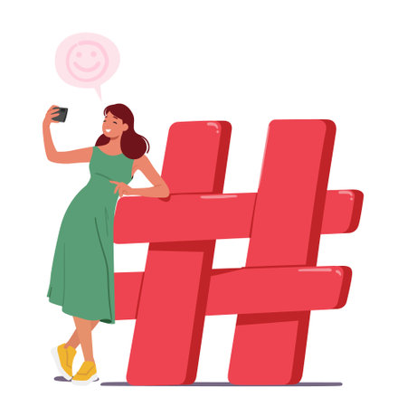 Tiny Woman Character With Smartphone Captures A Selfie Near Huge Red Hashtag Sign, Symbolizing The Modern Ageのイラスト素材