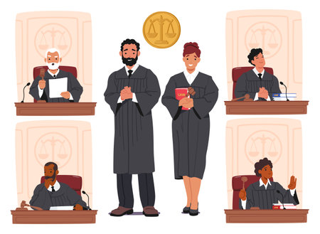 Judges Male and Female Characters In Court. Impartial Legal Authorities Who Interpret Laws, Administer Justiceのイラスト素材