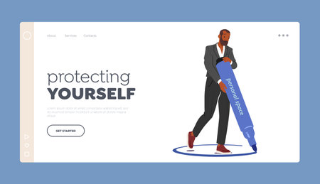 Protecting Yourself Landing Page Template. Man Drawing Circle Around Himself Creating Personal Boundary, Assert Presenceのイラスト素材