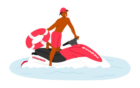 Lifeguard Male Character wear Red Uniform, Equipped With Life Buoy Skillfully Maneuvering A Jet Skiのイラスト素材