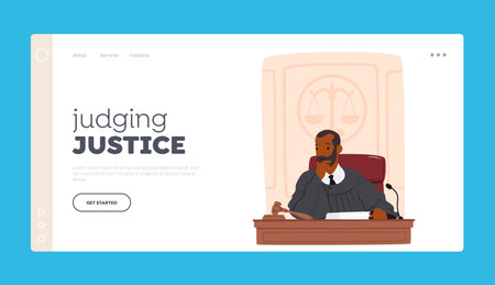 Judging Justice Landing Page Template. Thinking Judge Male Character Sitting At Desk, Contemplating In A Court Settingのイラスト素材