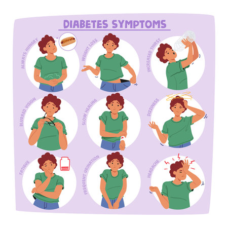 Woman With Frequent Urination, Excessive Thirst, Unexplained Weight Loss, Fatigue, Blurred Vision, Slow-healing Woundsのイラスト素材