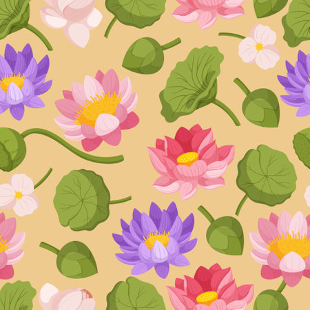 Seamless Pattern Showcasing The Graceful Elegance Of Water Lily And Lotus Flowers, Creating A Harmonious Designのイラスト素材