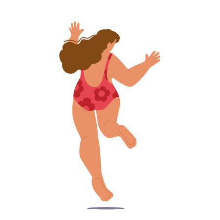 Energetic, And Carefree, Plump Woman Joyfully Jumps In Swimsuit, Loves Body And Celebrating Beauty Of Self-acceptanceのイラスト素材
