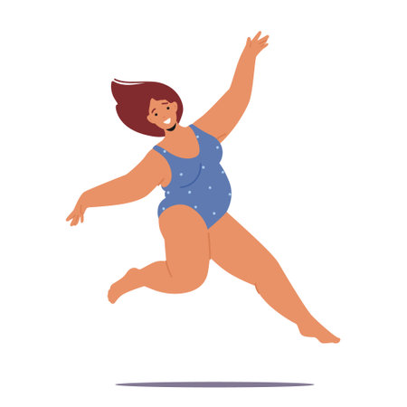 Joyful Plump Woman In A Swimsuit Defies Societal Expectations By Jumping. Energetic, Confident Fat Female Characterのイラスト素材