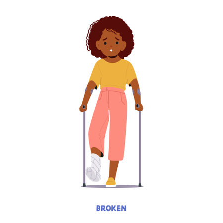 Child Girl Character With Foot Fracture, Wearing A Cast Or Splint, Experiencing Limited Mobility, Vector Illustrationのイラスト素材