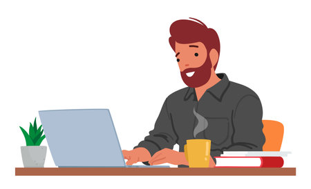 Contented Man Typing On Laptop, Displaying A Relaxed Demeanor And A Satisfied Expression, Vector Illustrationのイラスト素材