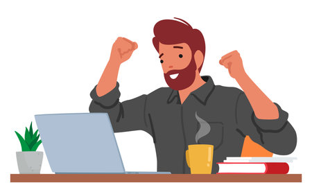 Euphoric Man Celebrates With Joy While Using His Laptop. Male Character Expressing Happiness And Satisfactionのイラスト素材