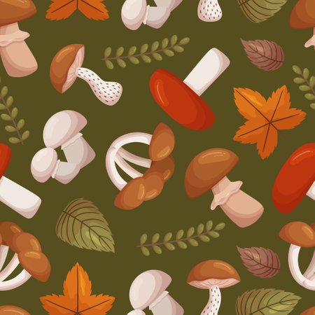 Lush Forest Mushrooms Seamlessly Repeated In A Pattern, Creating A Captivating And Nature-inspired Designのイラスト素材