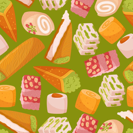 Seamless Pattern Showcasing A Delightful Array Of Eastern Sweets, Combining Rich Colors And Intricate Designsのイラスト素材