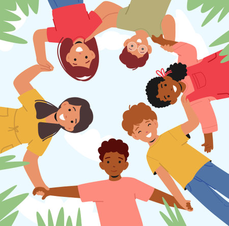 Children Characters Stand in Circle, Holding Hands, Looking Down, Displaying Unity And Connection, Vector Illustrationのイラスト素材