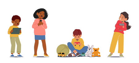 Excessive Children Gadget Addiction, Concerning Phenomenon Where Children Become Overly Dependent On Electronic Devicesのイラスト素材
