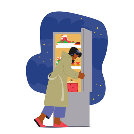 Late-night Fridge Raiding. Female Character Opens The Fridge In Search Of A Midnight Snack, Seeking Comfortのイラスト素材