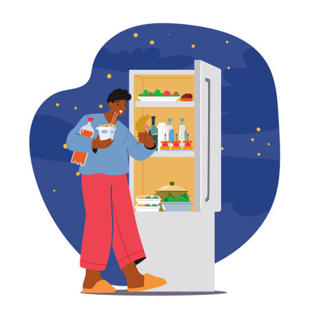 Late-night Snacking Concept. Male Character Opens The Fridge Seeking Sustenance In The Darkness, Vector Illustrationのイラスト素材